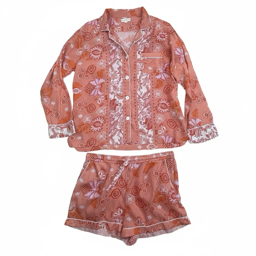 Roller Rabbit Orange Coral Pink Floral Pajama Set Size Medium - Picture 1 of 6
